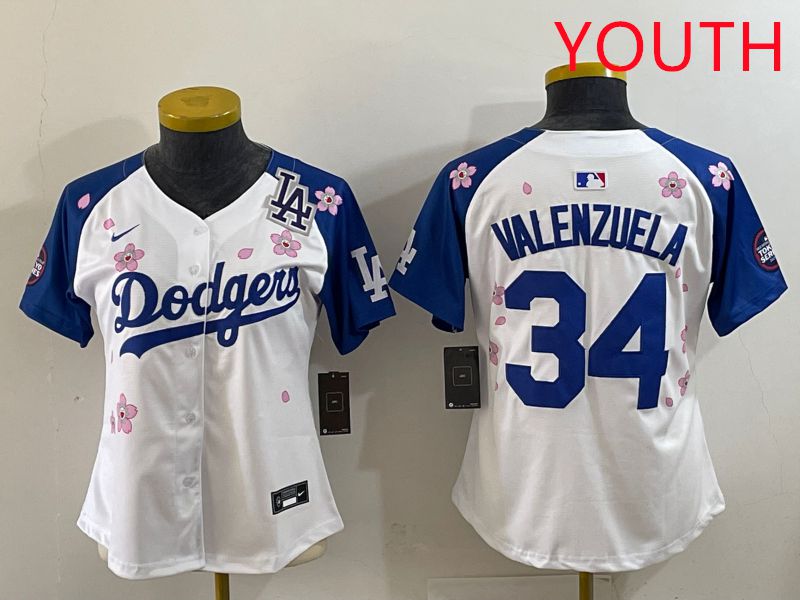 Youth Los Angeles Dodgers #34 Valenzuela White Blue Sakura Edition 2025 Nike MLB Jersey style 38